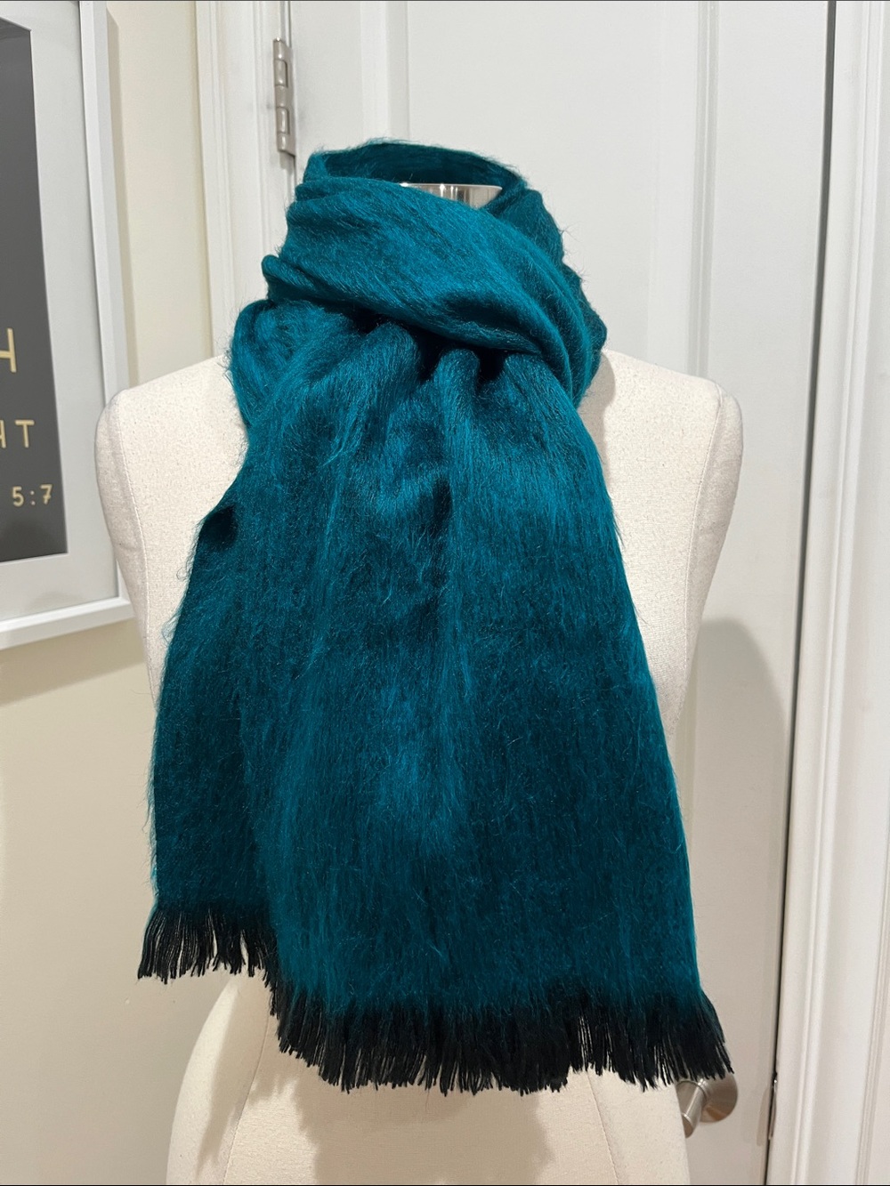 United Alla Volta 80% Alpaca Scarf Teal Black fringe